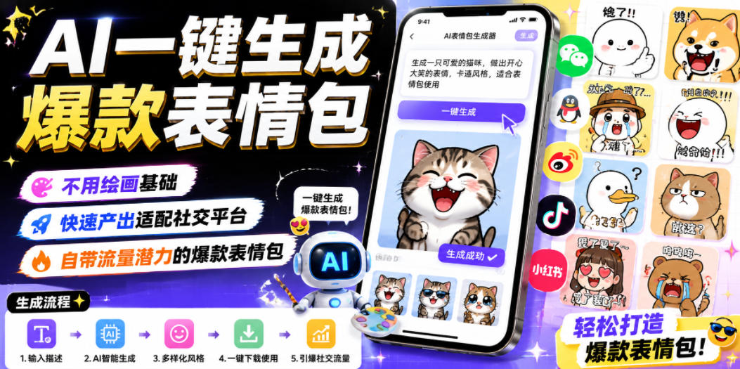 AI一键生成爆款表情包,不用绘画基础,快速产出适配社交平台,自带流量潜力的爆款表情包-泱泱学习社