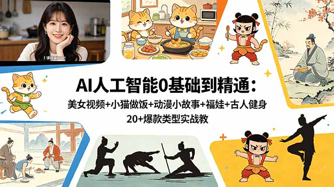 AI人工智能0基础到精通：美女视频+小猫做饭+动漫小故事+福娃+古人健身，20+爆款类型实战教学-泱泱学习社