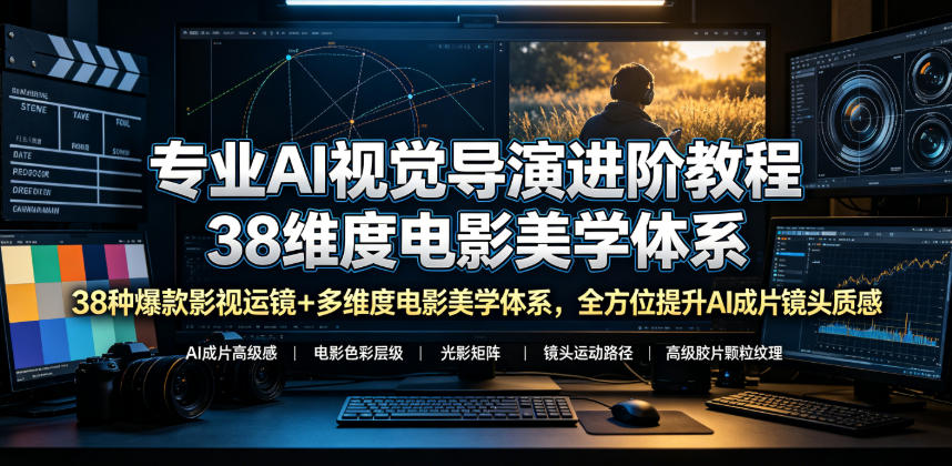 专业AI视觉导演进阶教程，38种爆款影视运镜+多维度电影美学体系，全方位提升AI成片高级感与镜头质感-泱泱学习社