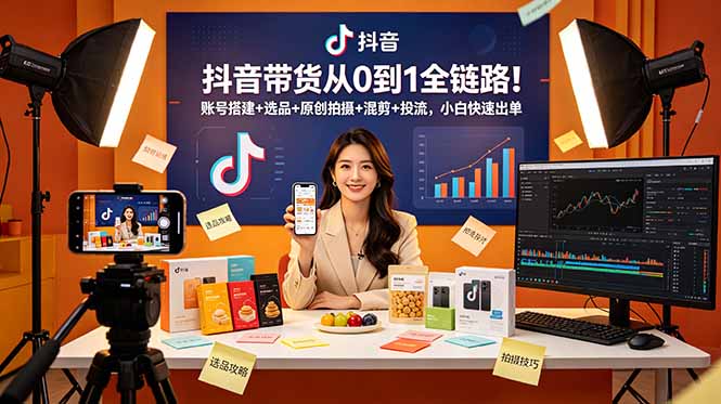 抖音带货从0到1全链路！账号搭建+选品+原创拍摄+混剪+投流，小白快速出单-泱泱学习社