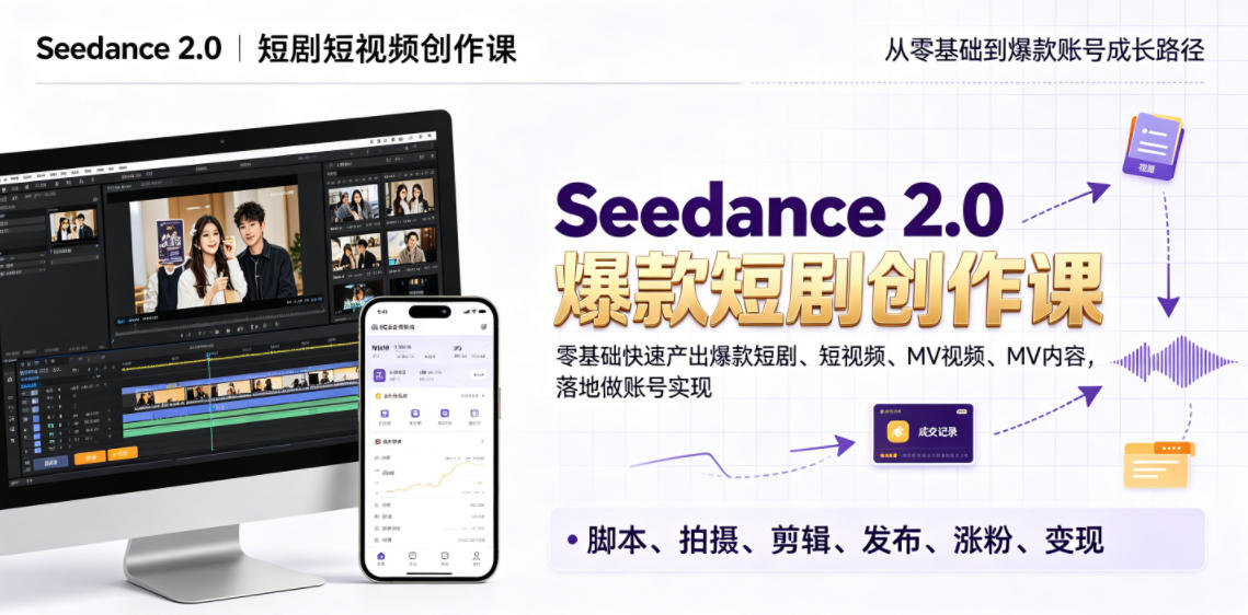 Seedance 2.0短剧短视频创作课,零基础快速产出爆款短剧、短视频、MV内容,落地做账号实现变现-泱泱学习社
