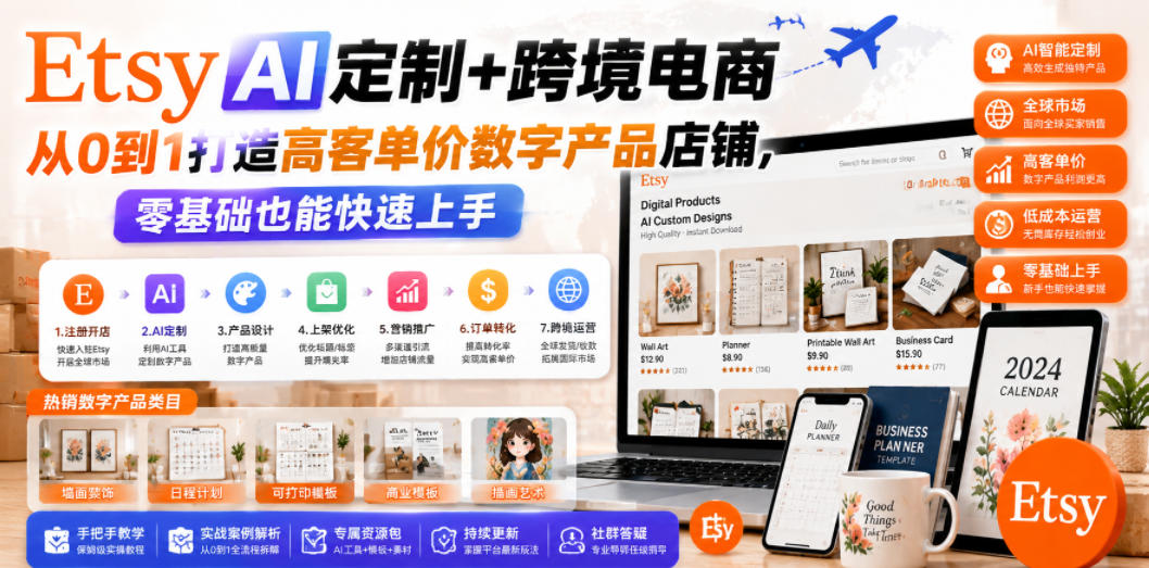 Etsy AI定制+跨境电商,从0到1打造高客单价数字产品店铺,零基础也能快速上手-泱泱学习社