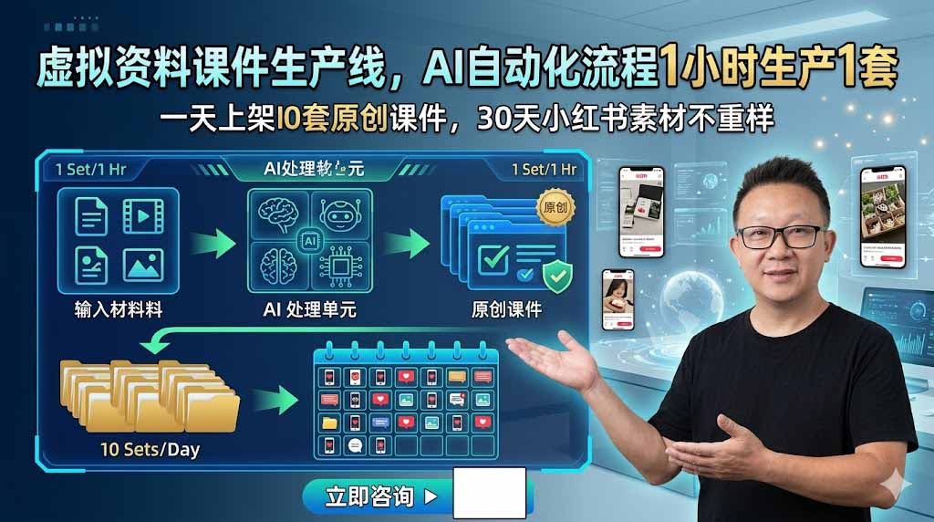 虚拟资料课件生产线，AI自动化流程1小时生产1套，一天上架10套原创课件，30天小红书素材不重样-泱泱学习社