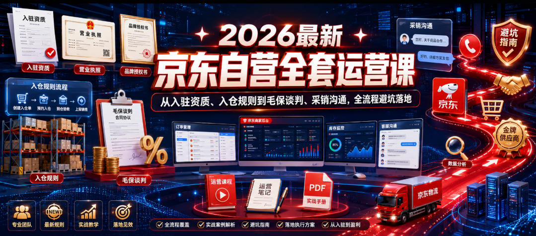 2026最新京东自营全套运营课,从入驻资质、入仓规则到毛保谈判、采销沟通,全流程避坑落地-泱泱学习社