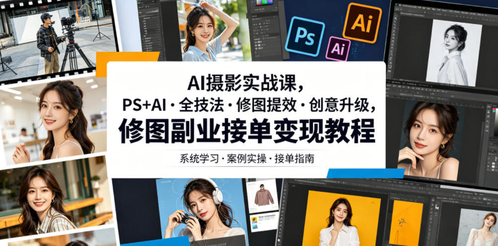 AI摄影实战课,PS+AI・全技法・修图提效・创意升级,修图副业接单变现教程-泱泱学习社