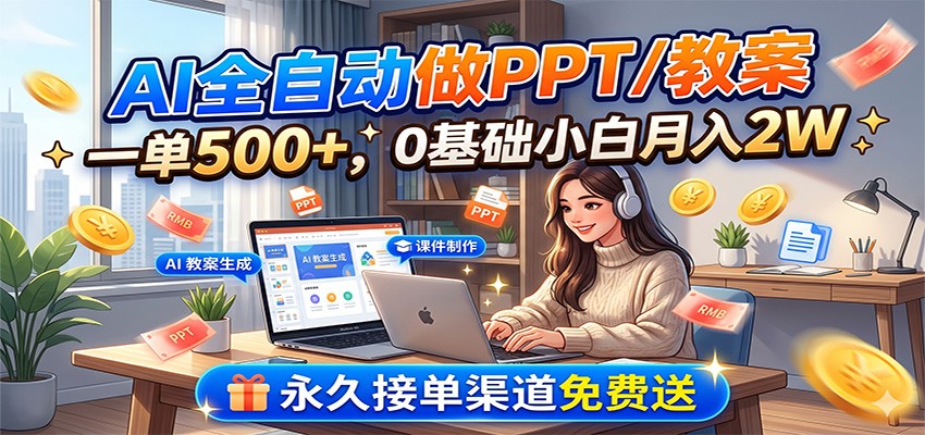 AI全自动做PPT/教案，一单500+，0基础小白月入2W，永久接单渠道免费送-泱泱学习社