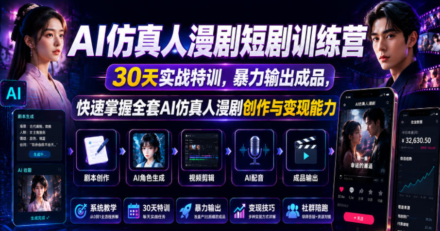 AI仿真人漫剧短剧训练营，30天实战特训，暴力输出成品，快速掌握全套AI仿真人漫剧创作与变现能力-泱泱学习社