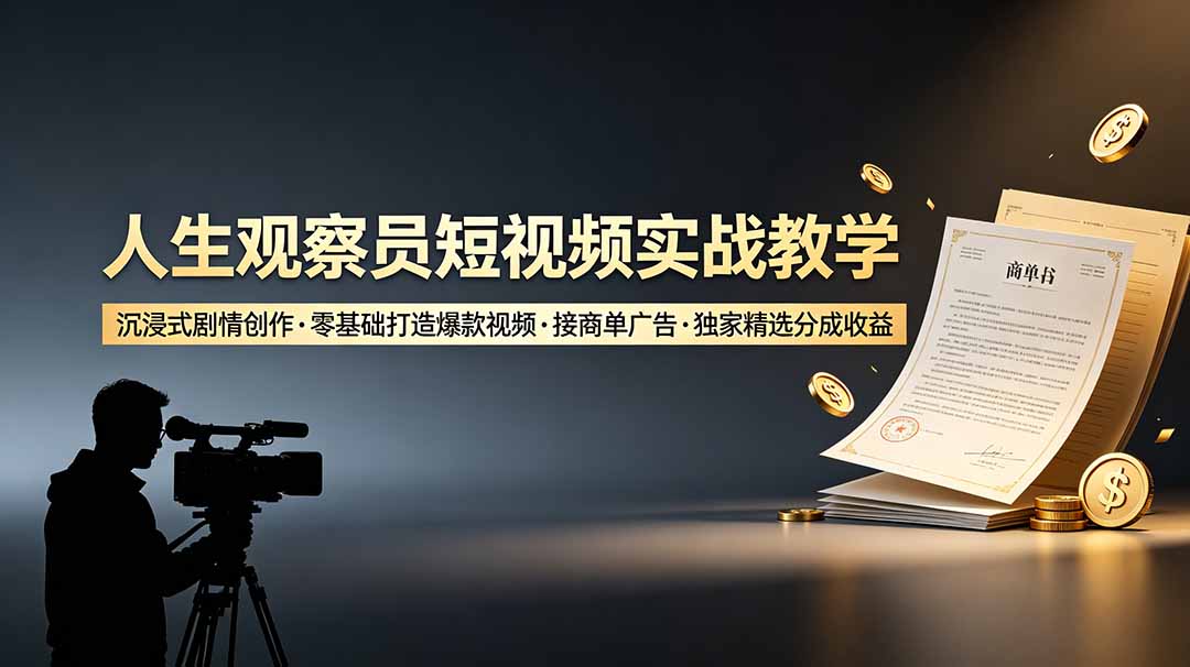 人生观察员短视频实战教学，沉浸式剧情创作，零基础打造爆款视频，接商单广告，独家精选分成收益-泱泱学习社
