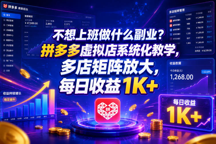 不想上班做什么副业?拼多多虚拟店系统化教学,多店矩阵放大,每日收益1K+【揭秘】-泱泱学习社