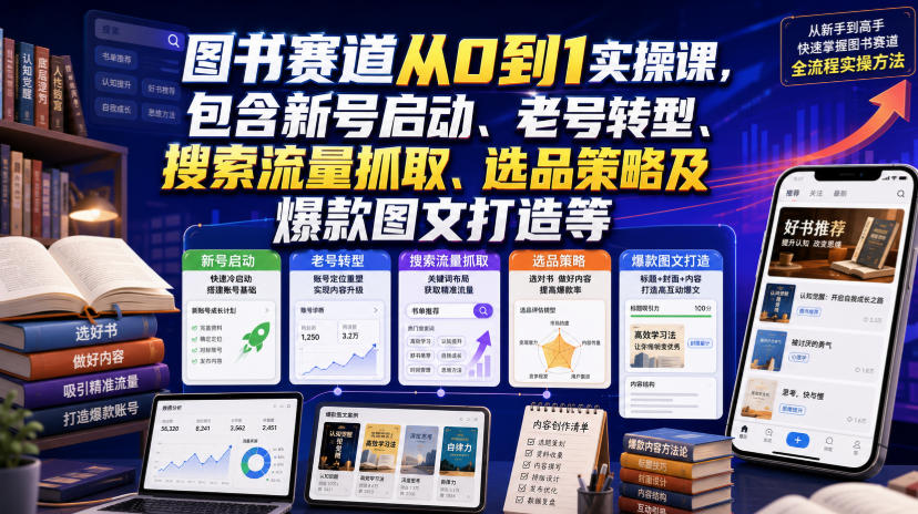 图书赛道从0到1实操课,包含新号启动、老号转型、搜索流量抓取、选品策略及爆款图文打造等-泱泱学习社