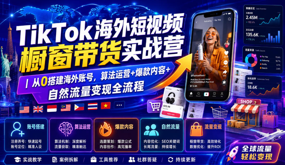 TikTok海外短视频橱窗带货实战营|从0搭建海外账号,算法运营+爆款内容+自然流量变现全流程-泱泱学习社