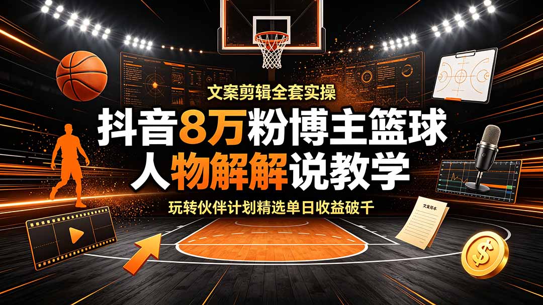 抖音8万粉博主篮球人物解说教学，文案剪辑全套实操，玩转伙伴计划精选单日收益破千-泱泱学习社