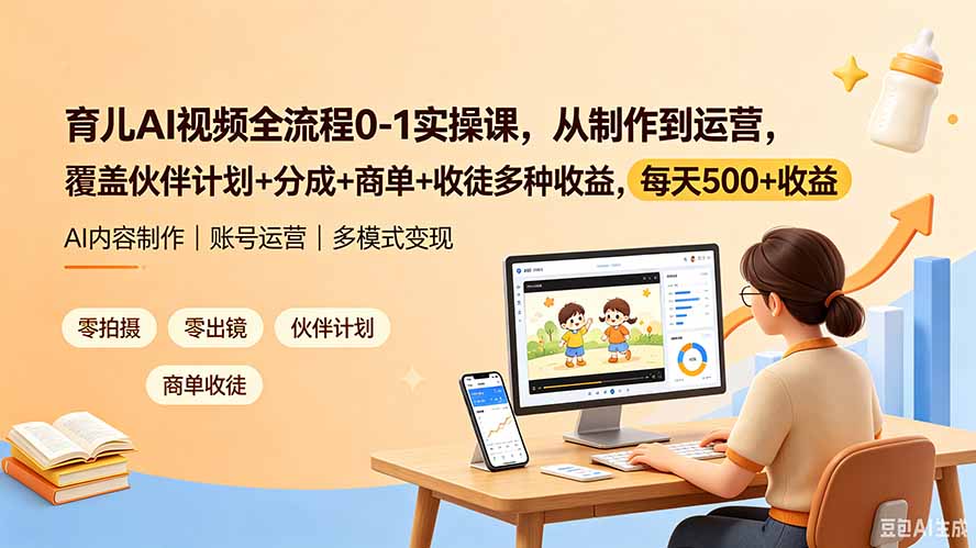 育儿AI视频全流程0-1实操课,从制作到运营,覆盖伙伴计划+分成+商单+收徒多种收益,每天500+收益-泱泱学习社