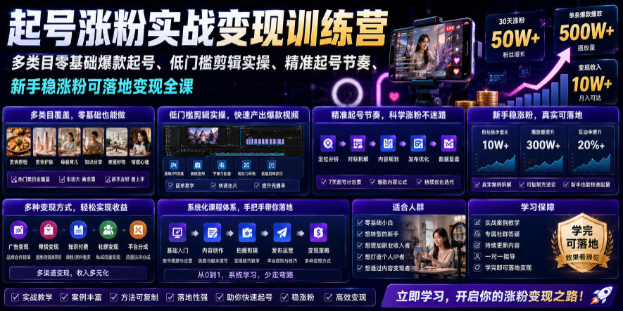 苗子起号涨粉实战变现训练营，多类目零基础爆款起号、精准起号节奏、新手稳涨粉可落地变现全课-泱泱学习社