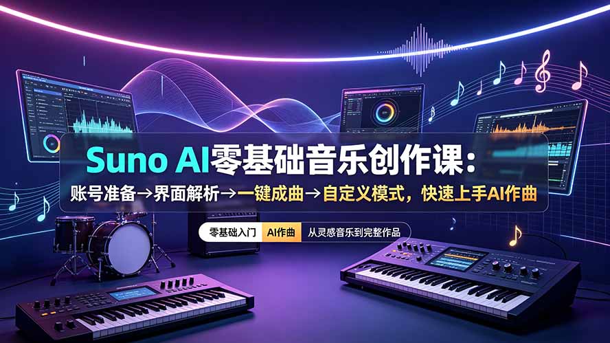 Suno AI零基础音乐创作课:账号准备→界面解析→一键成曲→自定义模式,快速上手AI作曲-泱泱学习社