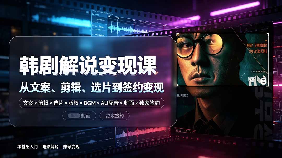 抖音270W粉丝博主亲授韩剧解说课：文案×剪辑×选片×版权×BGM×AU配音×封面×独家签约，零基础到变现-泱泱学习社