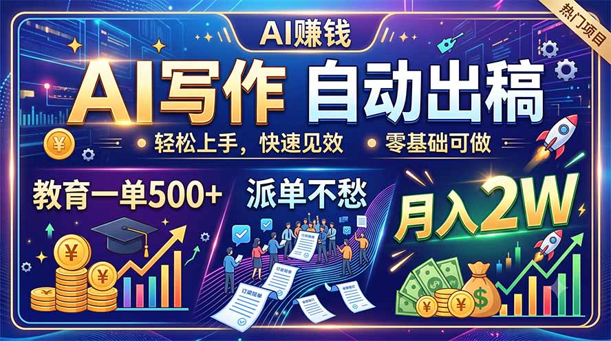 AI写作自动出稿,教育一单500+,派单不愁,月入2W-泱泱学习社