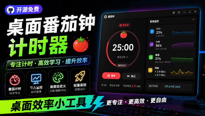 仅1.16MB，开源极简的桌面时钟、番茄钟计时器，还支持系统监控显示，桌面效率小工具Catime-泱泱学习社