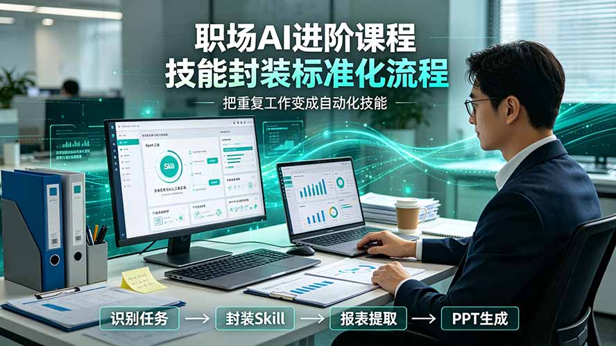 职场AI进阶课程；多类实用Skill工具实操，专属技能封装标准化流程，报表行业报告一键提取核心内容-泱泱学习社