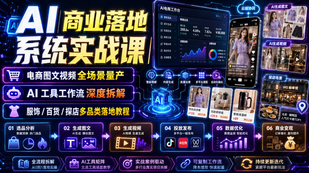 AI商业落地系统实战课|电商图文视频全场景量产・AI工具工作流深度拆解・服饰/百货/探店多品类落地教程-泱泱学习社