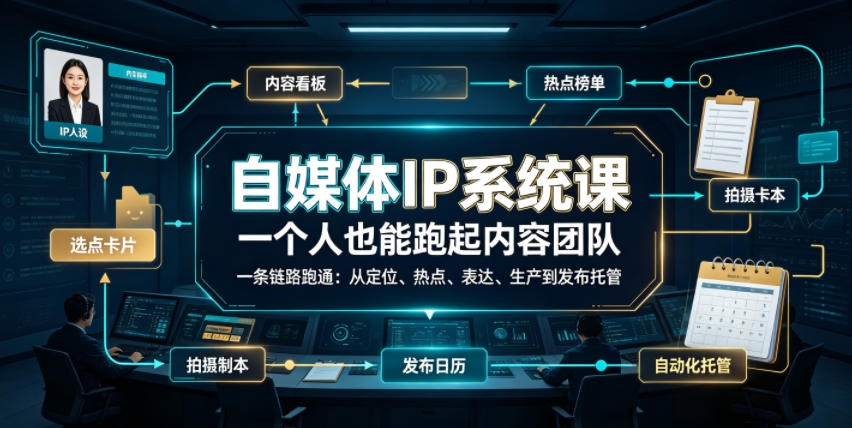 自媒体IP系统课,一个人也能跑起内容团队,一条链路跑通,从定位、热点、表达、生产到发布托管-泱泱学习社