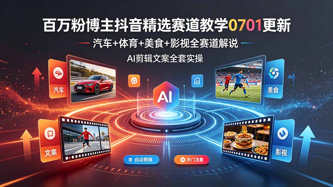 百万粉博主抖音精选赛道教学-0701更新，汽车+体育+美食+影视全赛道解说，AI剪辑文案全套实操-泱泱学习社