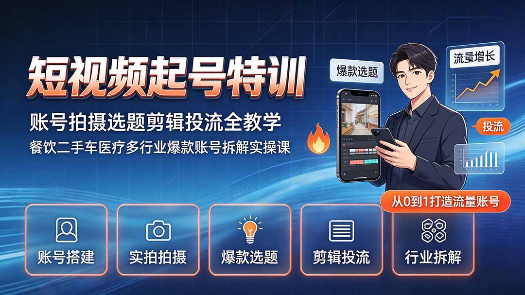 短视频起号特训｜账号拍摄选题剪辑投流全教学，餐饮二手车医疗多行业爆款账号拆解实操课-泱泱学习社
