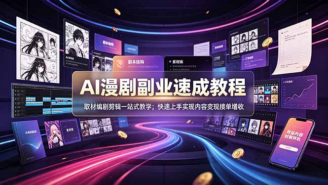 AI漫剧副业速成教程，取材编剧剪辑一站式教学；快速上手实现内容变现接单增收-泱泱学习社
