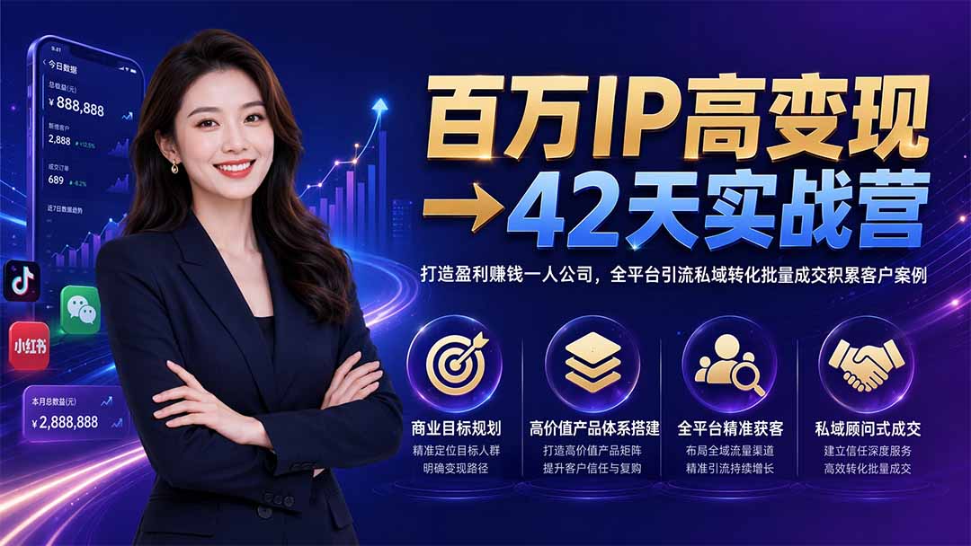 百万IP高变现→42天实战营｜打造盈利赚钱一人公司，全平台引流私域转化批量成交积累客户案例-泱泱学习社