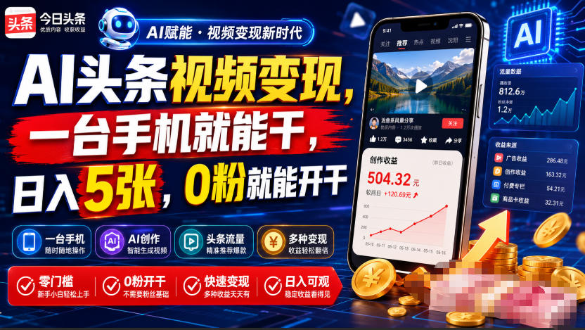 AI头条视频变现，一台手机就能干，日入5张，0粉就能开干-泱泱学习社