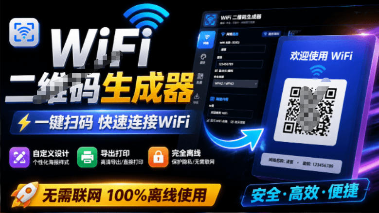 完全离线使用！WiFi二维码生成器，一键扫码快速连接WiFi，支持自定义风格导出WiFi二维码生成器-泱泱学习社