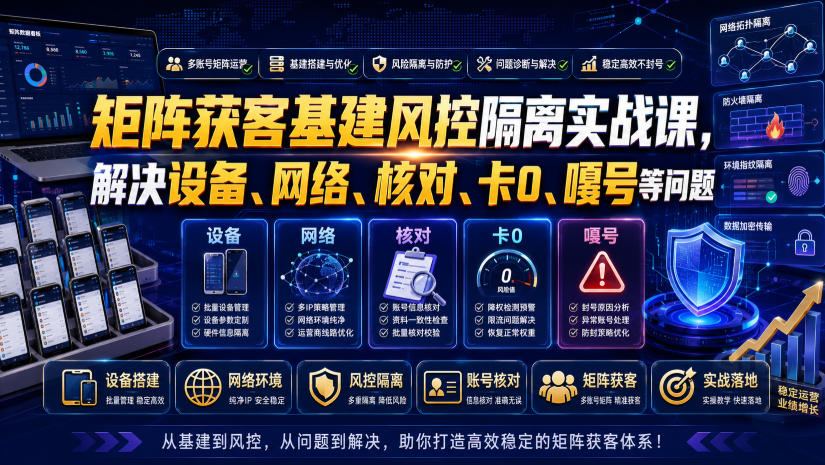 矩阵获客基建风控隔离实战课,解决设备、网络、核对、卡0、嘎号等问题-泱泱学习社