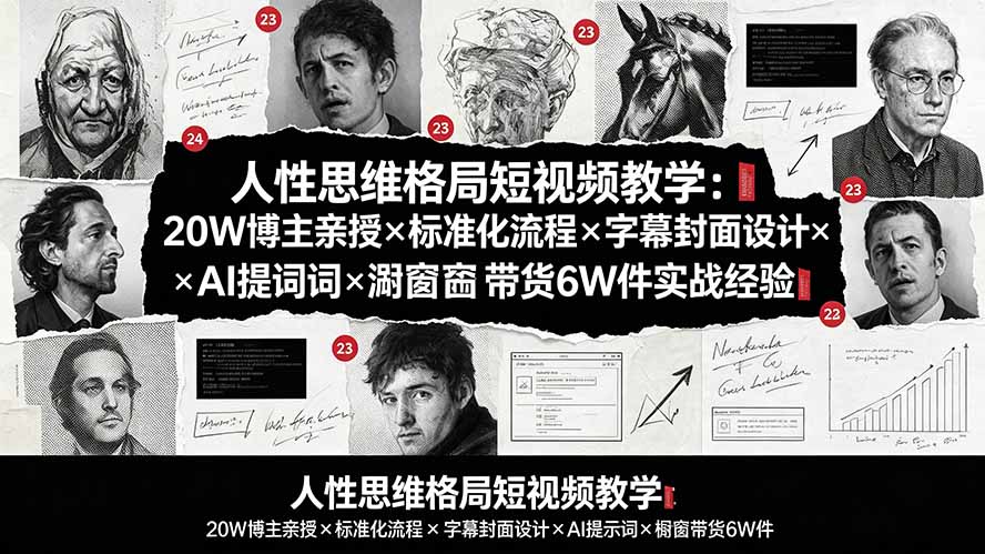 人性思维格局短视频教学:20W博主亲授×标准化流程×字幕封面设计×AI提示词×橱窗带货6W件实战经验-泱泱学习社