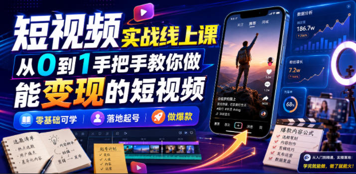 短视频实战线上课，从0到1手把手教你做能变现的短视频，零基础可学，落地起号做爆款-泱泱学习社