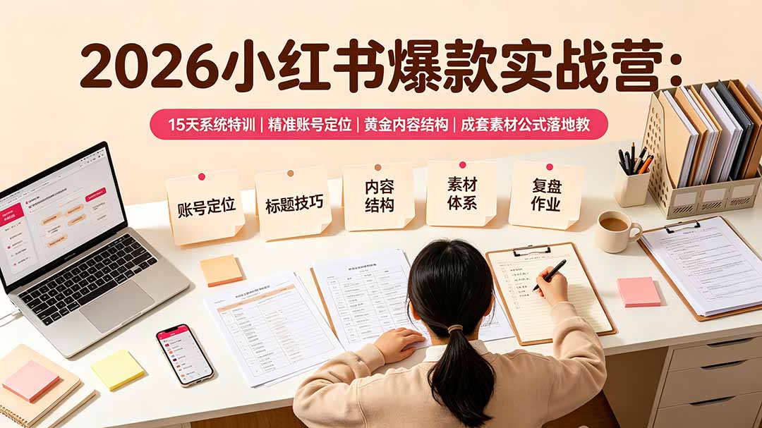 2026小红书爆款实战营:15天系统特训|精准账号定位|黄金内容结构|成套素材公式落地教程-泱泱学习社