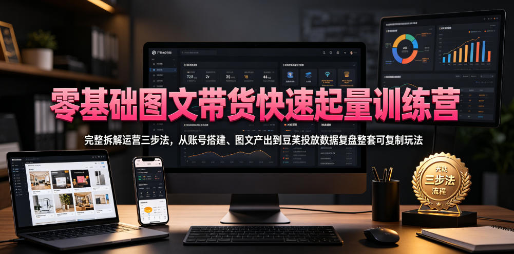 零基础图文带货快速起量训练营,完整拆解运营三步法,从账号搭建、图文产出到豆荚投放数据复盘整套可复制玩法-泱泱学习社