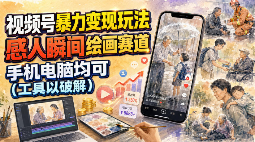 视频号暴力变现玩法,感人瞬间绘画赛道,手机电脑均可-泱泱学习社