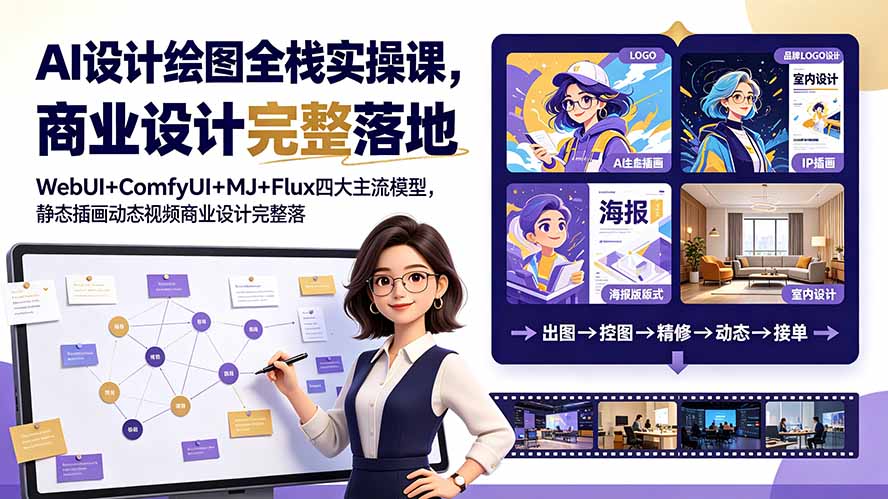 AI设计绘图全栈实操课,WebUI+ComfyUI+MJ+Flux四大主流模型,静态插画动态视频商业设计完整落地教程-泱泱学习社