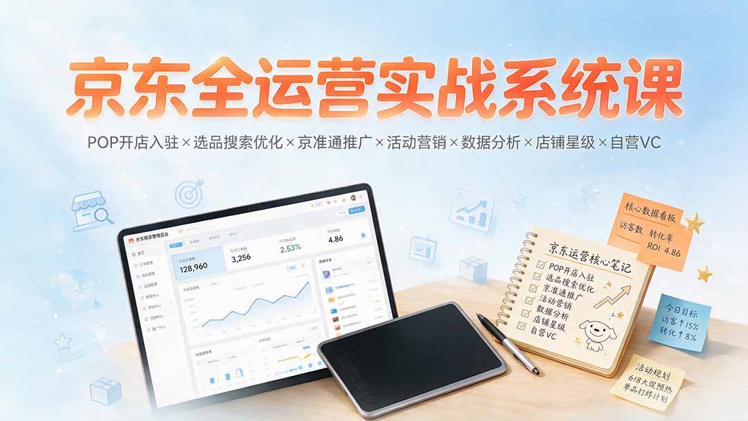 京东全运营实战系统课：POP开店入驻×选品搜索优化×京准通推广×活动营销×数据分析×店铺星级×自营VC-泱泱学习社