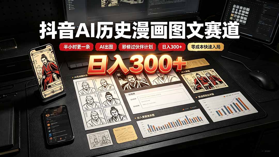 抖音AI历史漫画图文赛道:半小时更一条×AI出图×邪修过伙伴计划×日入300+,零成本快速入局-泱泱学习社