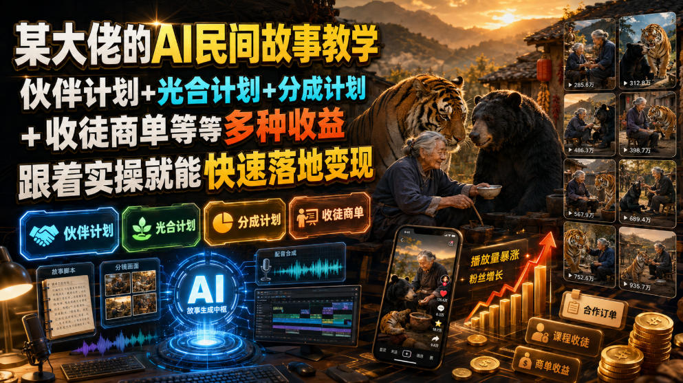某大佬的AI民间故事教学,伙伴计划+光合计划+分成计划+收徒商单等多种收益,跟着实操就能快速落地变现-泱泱学习社