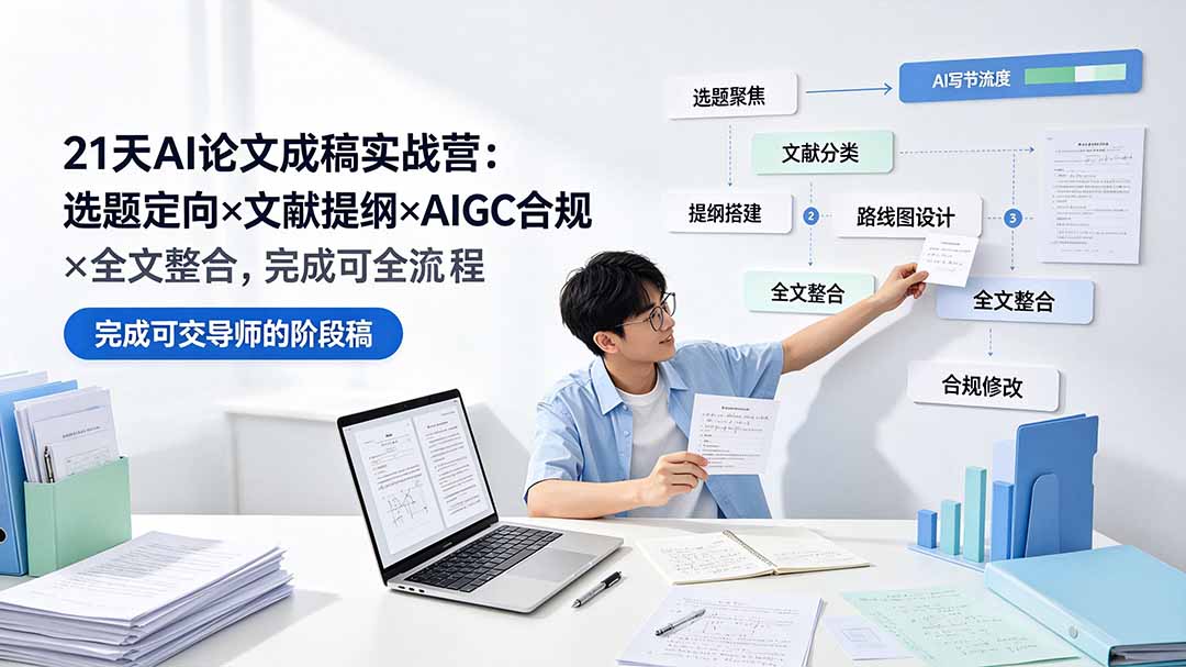21天AI论文成稿实战营:选题定向×文献提纲×AIGC合规×全文整合,完成可交导师的阶段稿-泱泱学习社