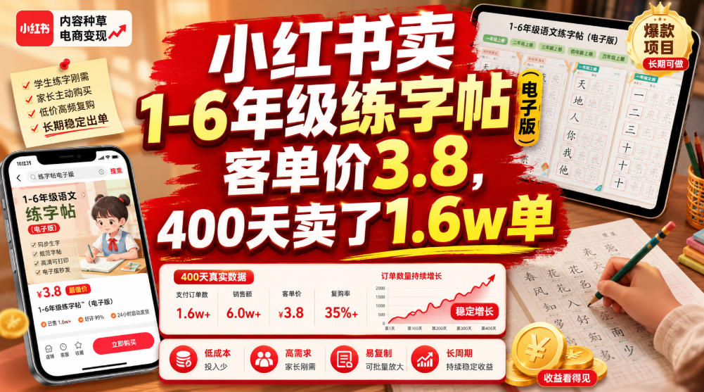 小红书卖1-6年级练字帖(电子版)，客单价3.8，400天卖了1.6w单-泱泱学习社