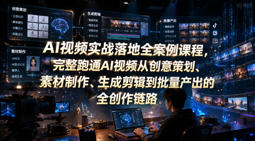 AI视频实战落地全案例课程，完整跑通AI视频从创意策划、素材制作、生成剪辑到批量产出的全创作链路-泱泱学习社