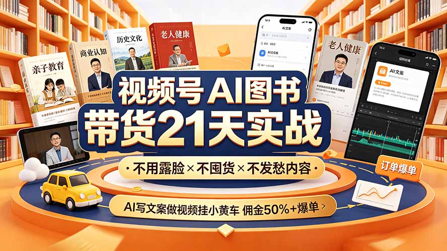 视频号AI图书带货21天实战:不用露脸×不囤货×不发愁内容,AI写文案做视频挂小黄车,佣金50%+爆单-泱泱学习社