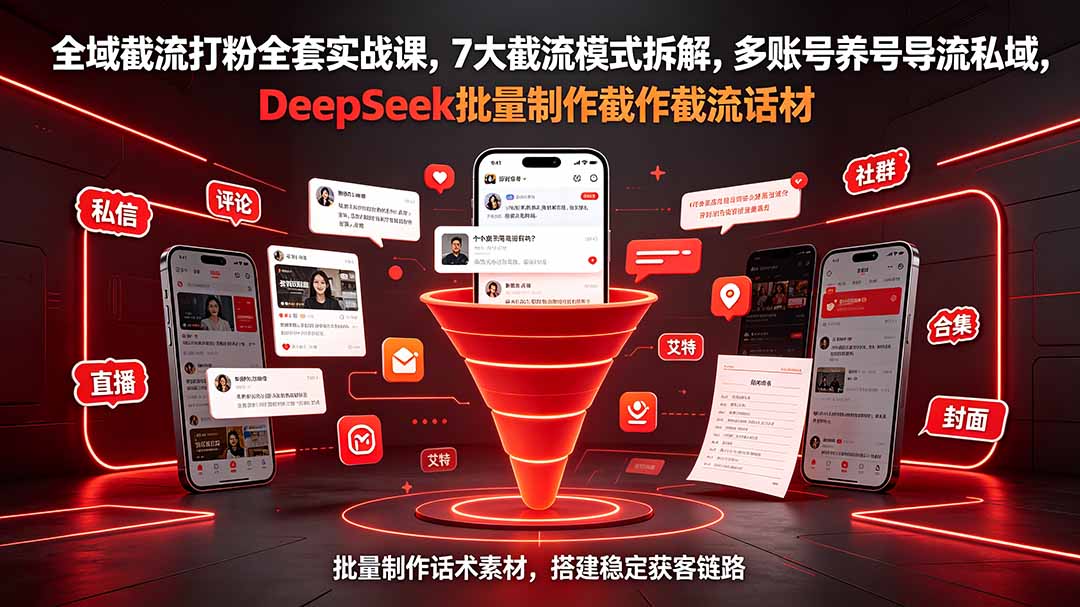 全域截流打粉全套实战课,7大截流模式拆解,多账号养号导流私域,DeepSeek批量制作截流话术素材-泱泱学习社