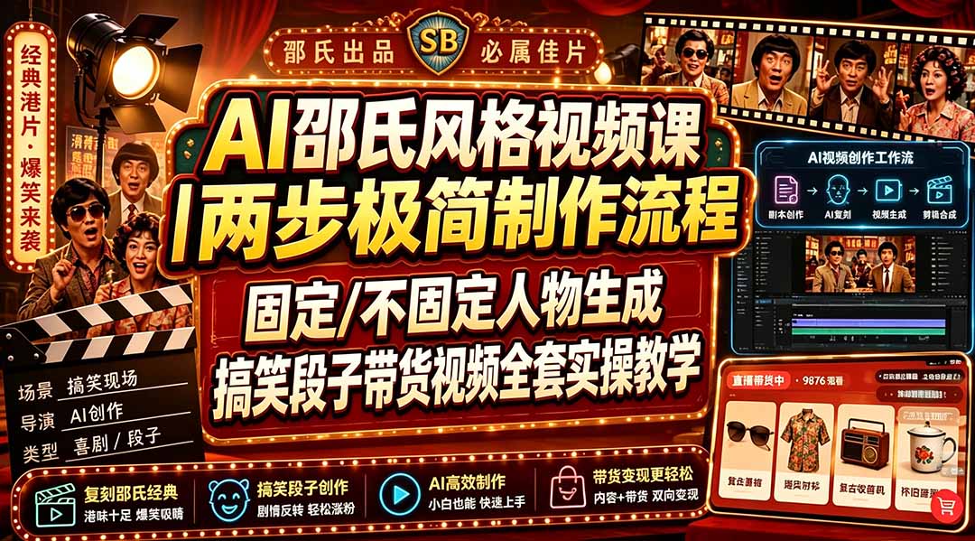 AI邵氏风格视频课｜两步极简制作流程，固定/不固定人物生成，搞笑段子带货视频全套实操教学-泱泱学习社
