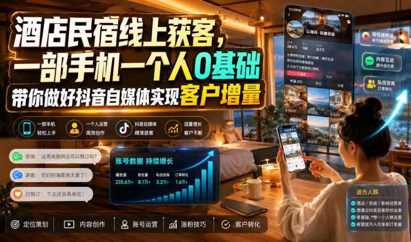 酒店民宿线上获客,一部手机一个人0基础带你做好抖音自媒体实现客户增量-泱泱学习社