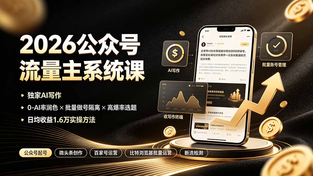 2026公众号流量主系统课:独家AI写作×0-AI率润色×批量做号隔离×高爆率选题,日均收益1.6万实操方法-泱泱学习社