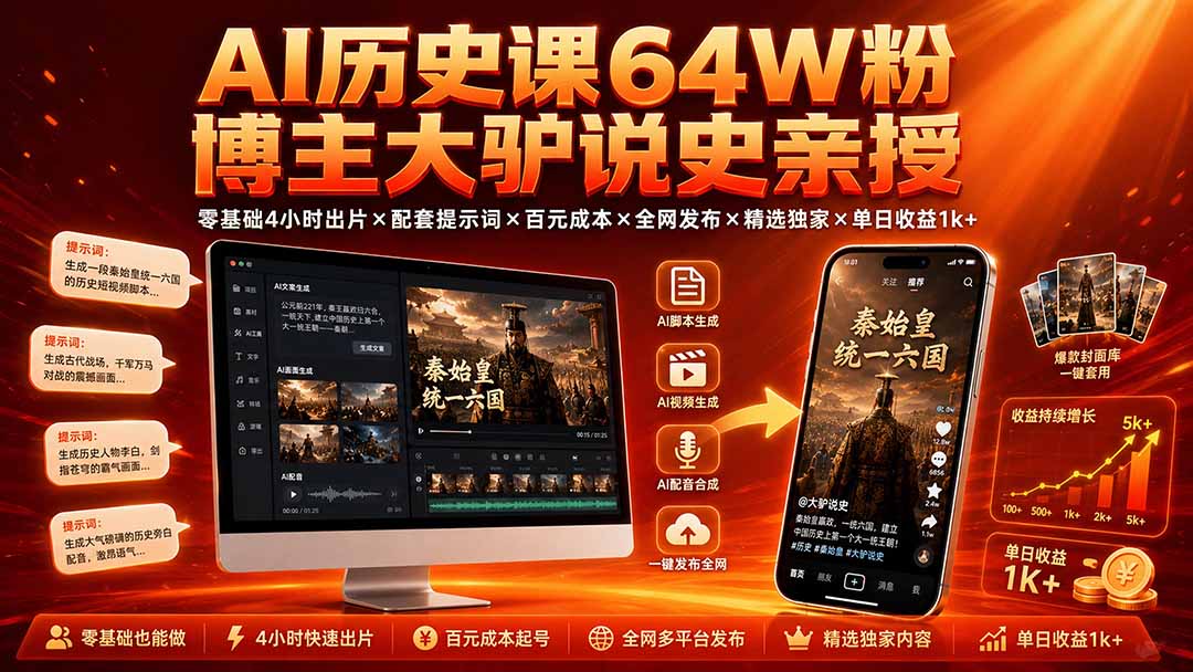 AI历史课64W粉博主大驴说史亲授：零基础4小时出片×配套提示词×百元成本×全网发布×精选独家×单日收益1k+-泱泱学习社